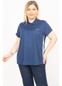 Şans Women's Navy Plus Size Polo Collar Sports Blouse with Side Stripes