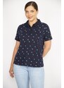 Şans Women's Navy Blue Large Size Cotton Fabric Marine Pattern Polo Collar Short Sleeve Plus Size Blouse