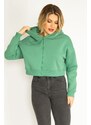 Şans Women's Plus Size Green 3 Thread Polar Front Zipper Hooded Sweatshirt
