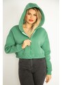 Şans Women's Plus Size Green 3 Thread Polar Front Zipper Hooded Sweatshirt