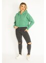 Şans Women's Plus Size Green 3 Thread Polar Front Zipper Hooded Sweatshirt