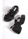 Capone Outfitters Capone Women's High Wedge Heel Ankle Strap Black Women's Sandals