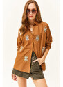 Olalook Women's Brown Sequin Detailed Woven Boyfriend Shirt