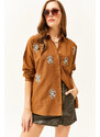 Olalook Women's Brown Sequin Detailed Woven Boyfriend Shirt