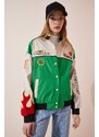 Happiness İstanbul Women's Green Racing Patched College Bomber Coat