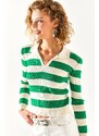 Olalook Women's Grass Green Polo Neck Thick Striped Knitwear Blouse