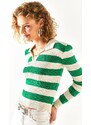 Olalook Women's Grass Green Polo Neck Thick Striped Knitwear Blouse