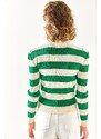 Olalook Women's Grass Green Polo Neck Thick Striped Knitwear Blouse