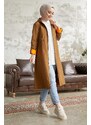 InStyle Drawstring Waist Hooded Neon Trench - Tan\Orange