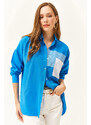 Olalook Women's Saxe Blue Pocket Detailed Oversize Woven Shirt