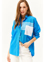 Olalook Women's Saxe Blue Pocket Detailed Oversize Woven Shirt