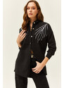 Olalook Women's Leaf Black Stamp Sequin Detail Oversize Cachet Shirt