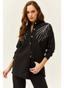 Olalook Women's Leaf Black Stamp Sequin Detail Oversize Cachet Shirt