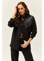 Olalook Women's Leaf Black Stamp Sequin Detail Oversize Cachet Shirt