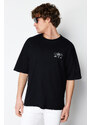 Trendyol Black Oversize/Wide-Fit Space Back Printed 100% Cotton T-shirt