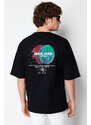 Trendyol Black Oversize/Wide-Fit Space Back Printed 100% Cotton T-shirt