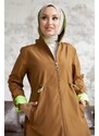 InStyle Neon Trench with Drawstring Waist Hooded - Tan \ Green