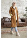 InStyle Neon Trench with Drawstring Waist Hooded - Tan \ Green