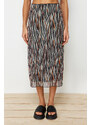 Trendyol Brown Elastic Waist, Printed Midi-Length Lined Tulle Knitted Skirt