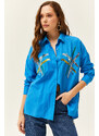 Olalook Women's Saxe Blue Color Sequin Stick Woven Shirt