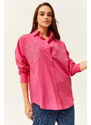 Olalook Women's Fuchsia Pocket & Staple Detailed Oversize Shirt