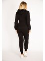 Şans Women's Plus Size Black Zipper And Hood Detailed Printed Tracksuit Set