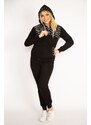 Şans Women's Plus Size Black Zipper And Hood Detailed Printed Tracksuit Set
