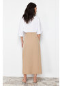 Trendyol Camel Double Breasted Tie Detailed Woven Linen Look Skirt