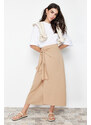 Trendyol Camel Double Breasted Tie Detailed Woven Linen Look Skirt