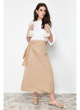 Trendyol Camel Double Breasted Tie Detailed Woven Linen Look Skirt