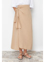 Trendyol Camel Double Breasted Tie Detailed Woven Linen Look Skirt