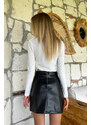 Trend Alaçatı Stili Women's Black Bird Eye Slit Detailed Faux Leather Skirt