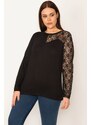 Şans Women's Plus Size Black Lace Detailed Blouse