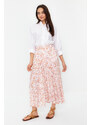 Trendyol Ecru Floral Pattern Pleated Woven Skirt with Elastic Waist