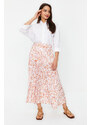 Trendyol Ecru Floral Pattern Pleated Woven Skirt with Elastic Waist