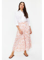 Trendyol Ecru Floral Pattern Pleated Woven Skirt with Elastic Waist