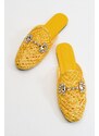 LuviShoes Noble Women's Slippers From Genuine Leather With Yellow Knitted Stones.