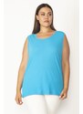 Şans Women's Plus Size Turquoise Cotton Fabric Crewneck Tank Top