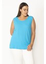 Şans Women's Plus Size Turquoise Cotton Fabric Crewneck Tank Top