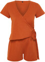 Trendyol Cinnamon 100% Cotton Tie Detailed Knitted Pajamas Set