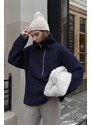 Madmext Navy Blue Zipper Collar Oversize Sweater