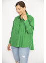 Şans Women's Plus Size Green Poplin Fabric Front Buttoned Long Sleeve Shirt with Side Slit