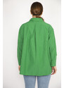 Şans Women's Plus Size Green Poplin Fabric Front Buttoned Long Sleeve Shirt with Side Slit