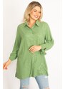 Şans Women's Plus Size Green Viscose Shirt with Front Buttons, Lace And Glitter Detail Woven