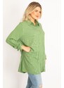 Şans Women's Plus Size Green Viscose Shirt with Front Buttons, Lace And Glitter Detail Woven