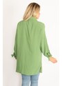 Şans Women's Plus Size Green Viscose Shirt with Front Buttons, Lace And Glitter Detail Woven