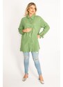 Şans Women's Plus Size Green Viscose Shirt with Front Buttons, Lace And Glitter Detail Woven