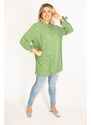 Şans Women's Plus Size Green Viscose Shirt with Front Buttons, Lace And Glitter Detail Woven