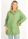 Şans Women's Plus Size Green Viscose Shirt with Front Buttons, Lace And Glitter Detail Woven