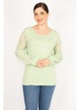 Şans Women's Green Plus Size Sleeves Tulle Lace Detailed Tunic